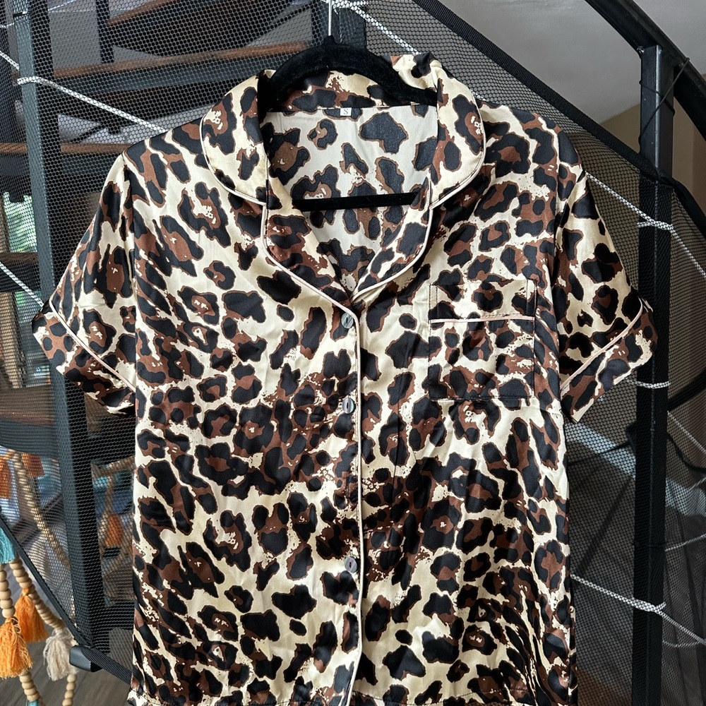 Leopard Print Satin Pajama Top and short set